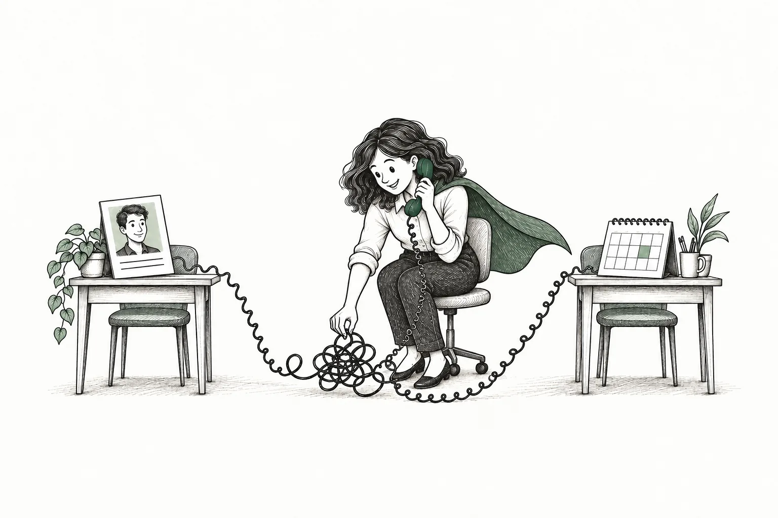 Emma untangles the telephone line connecting a candidate and an interview appointment.