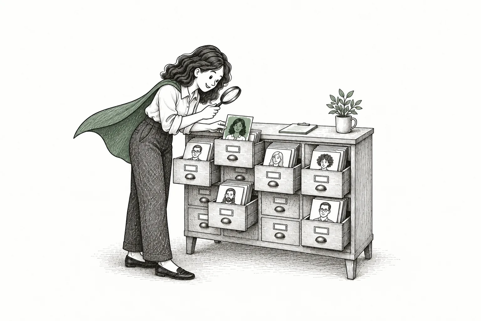 Emma searches an existing card catalogue with a magnifying glass and a job brief.
