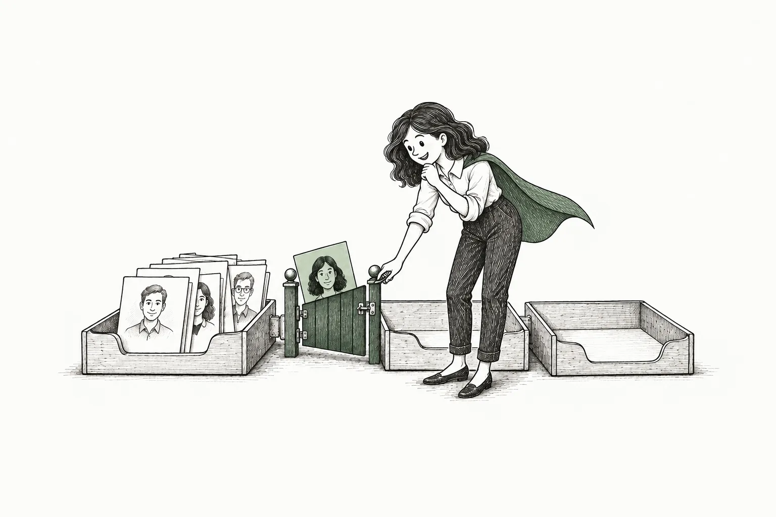 Emma opens a gate holding up candidate cards between shortlist and placement trays, her green cape trailing behind her.